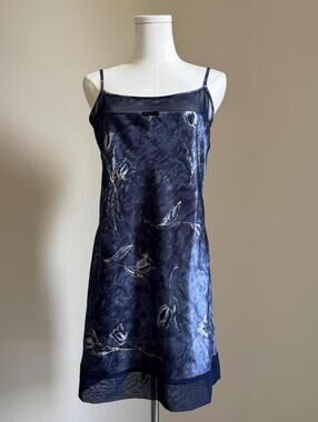 Y2K Navy Mesh Overlay Slip Dress Fairy Grunge Satin Floral Midi Dress